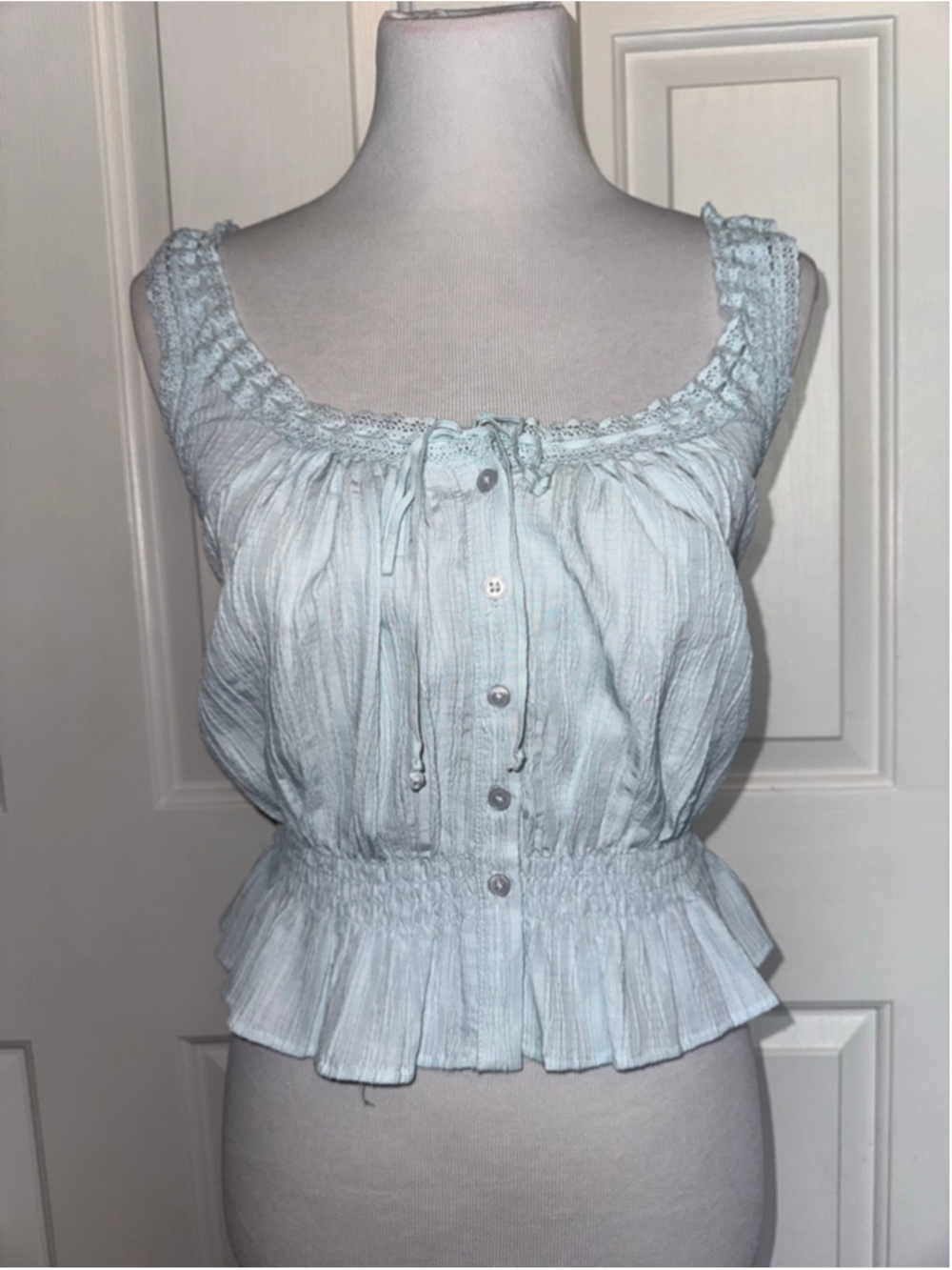 American Eagle Coquette Lace Trim Peplum Top Cottagecore Baby Blue Tank Small